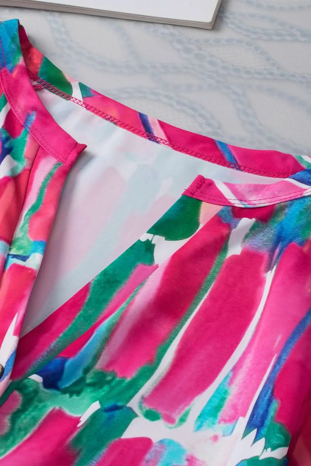 Rose Abstract Brushwork Print Buttoned V Neck Blouse - Love Salve